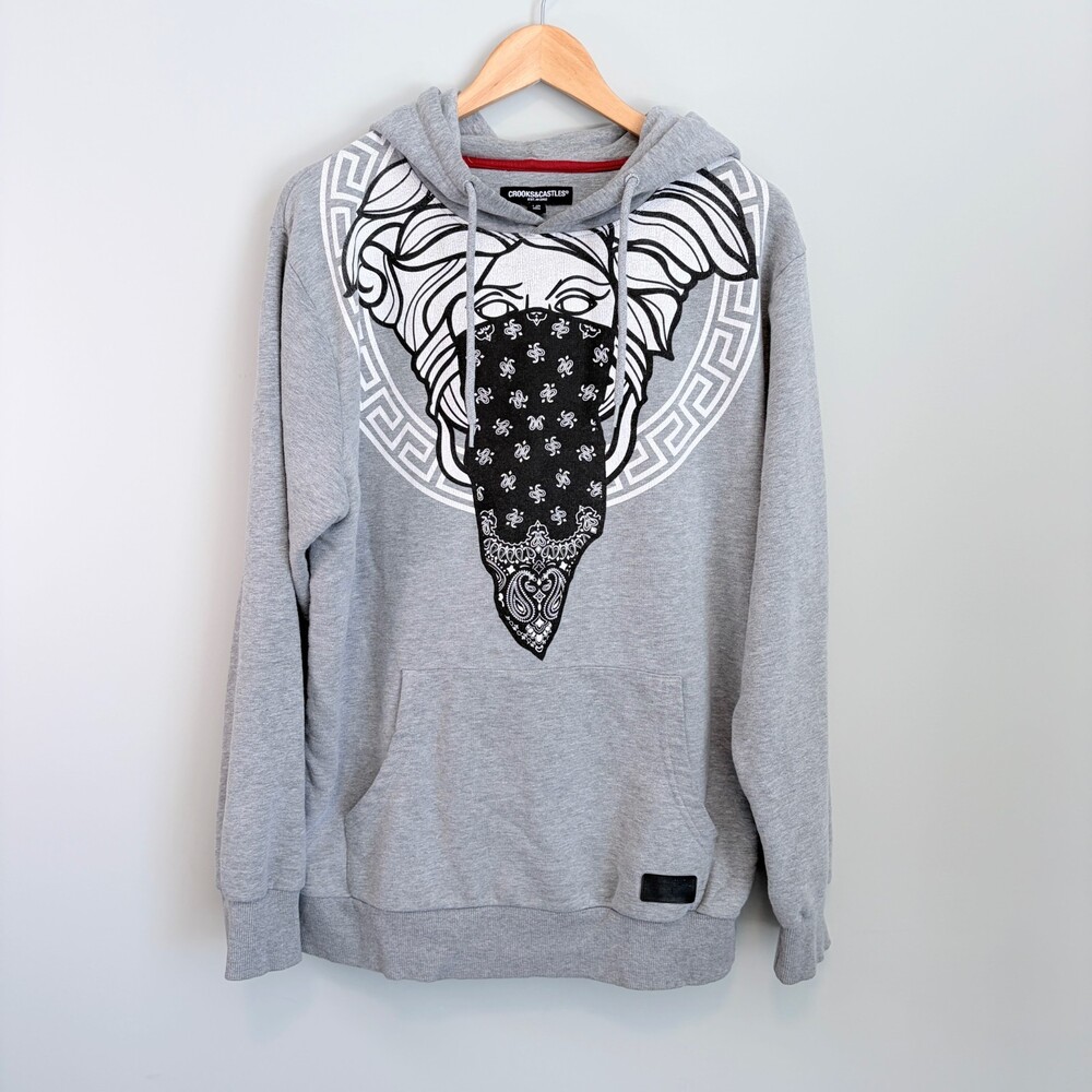 Crooks & Castles Bandito Medusa Greek Key Hoodie Grey Streetwear Y2K Large